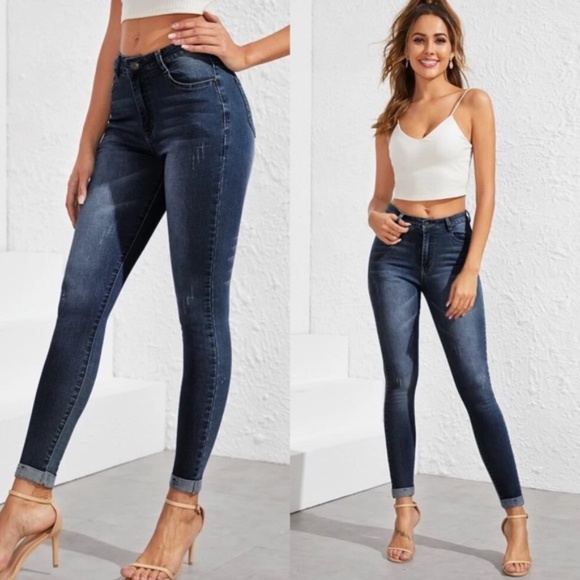 medium wash stonewash faded cuffed skinny jeans - Picture 2 of 7